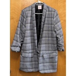 Candies Womens Houndstooth Long Line‎ Open Blazer 3/4 Cinch Sleeve Lined Sz XL